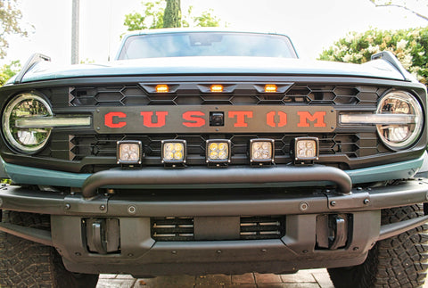2023 2024 blue Ford Bronco with five amber 40watt light pods on front bullbar - M&R Automotive