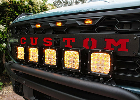 2023 2024 Ford Bronco with five amber 80watt light pods on front bullbar - M&R Automotive