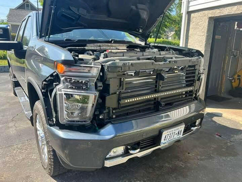 2020 2021 2022 2023 black Chevrolet Silverado 2500/3500HD one 40in Light Bar behind the grille by M&R Automotive