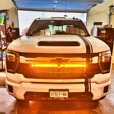 2020 2021 2022 2023 white Chevrolet Silverado 2500/3500HD two amber 40in light bars behind grille- M&R Automotive