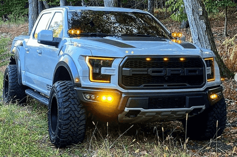 white ford raptor 2017 2018 with off roading 40watt square amber ditch lights 