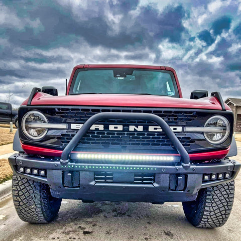 2021 2022 2023 red Ford Bronco Modular Bumper with one white30in Light Bar on top of bumper - M&R Automotive