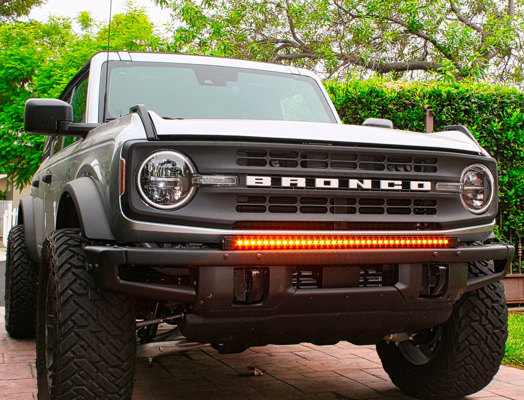 2021 2022 2023 gray Ford Bronco Modular Bumper with one amber 40in Light Bar on top of bumper - M&R Automotive