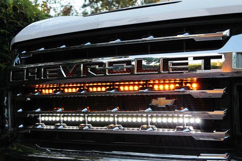 2020 2021 2022 2023 Chevrolet Silverado 2500/3500HD two 40s Light Bars behind the grille color white and amber M&R Automotive