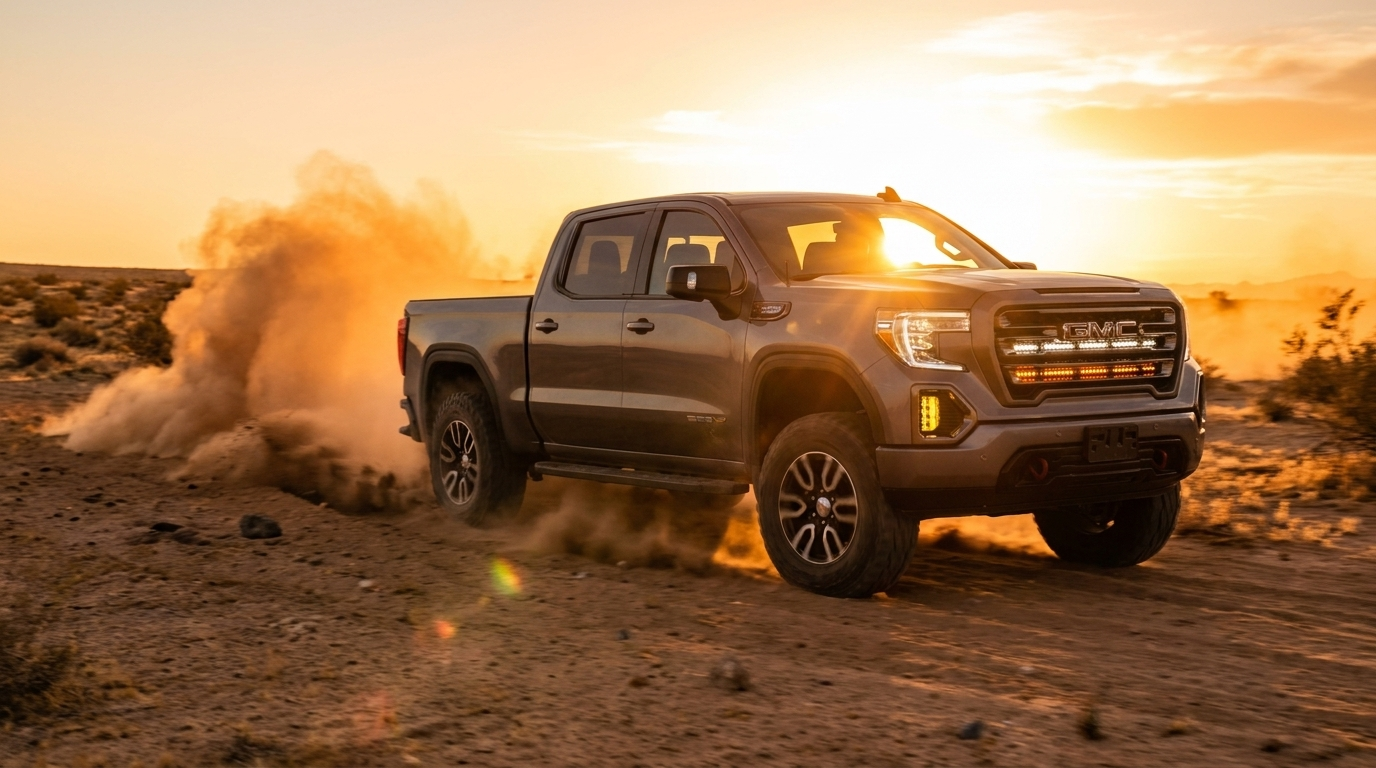 2027 GMC Sierra 1500 AT4X in dark gray powering through the desert at sunset with a front bumper LED light bar lit and a dust plume trailing behind