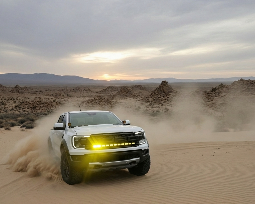 Ford Ranger Raptor with amber LED accent lighting kicking up dust while driving through desert sand dunes