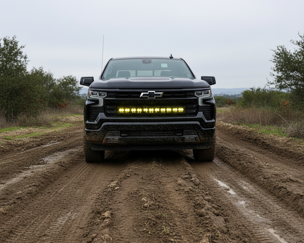 Chevrolet Silverado 1500 with the M&R 40in PRO LED light bar mounted in the lower grille, off-road front view