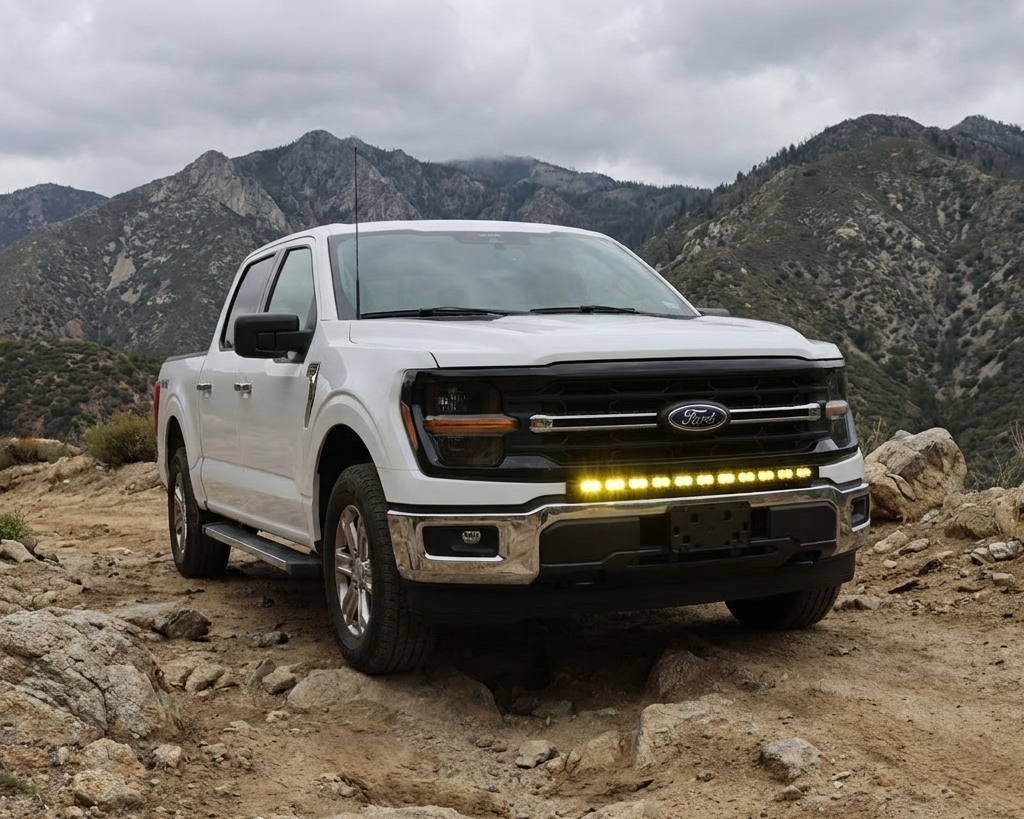 2024+ Ford F-150 with the M&R 40-inch PRO curved LED light bar mounted in the grille