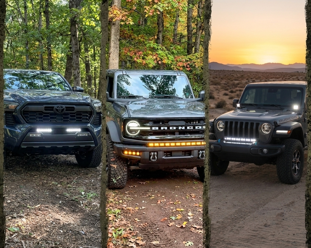 Off-road truck fitted with an M&R Automotive LED light bar lit up — trucks and off-road SUVs are booming in 2025