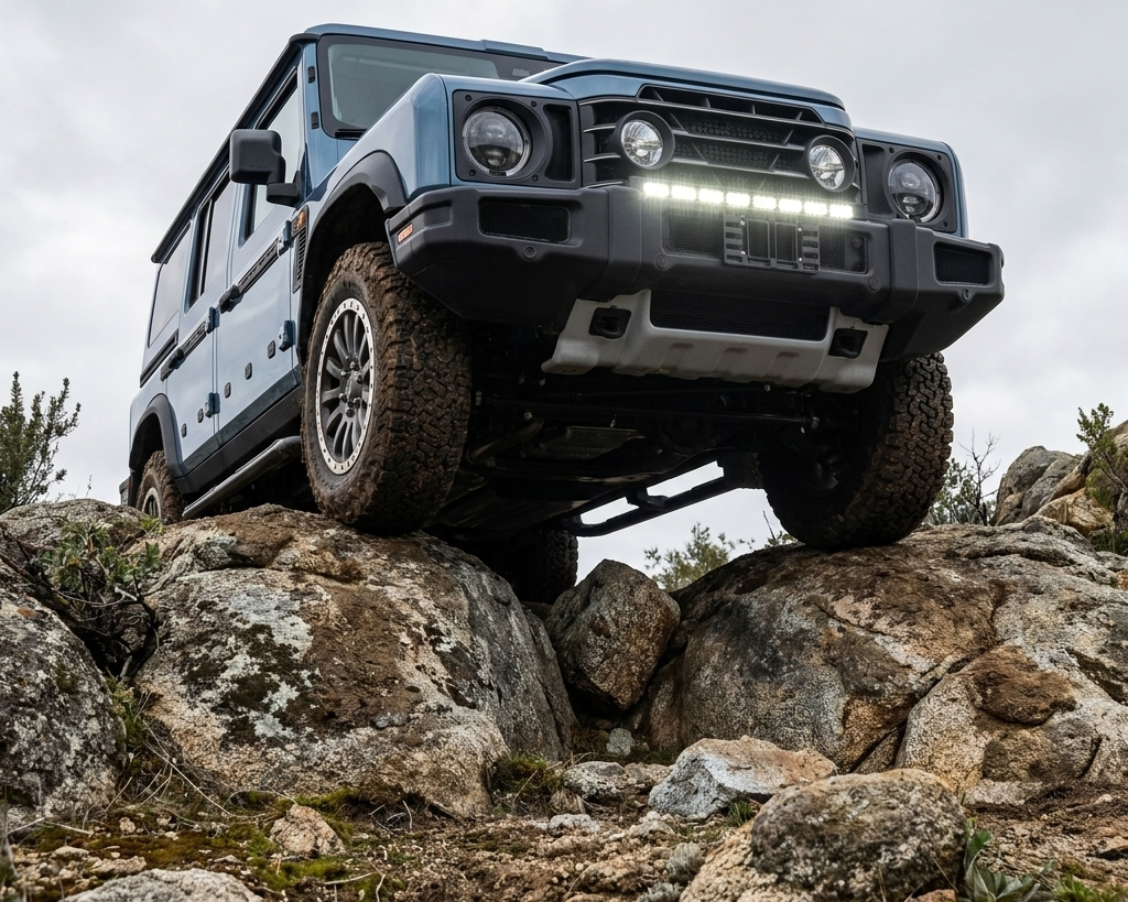 Ineos Grenadier off-road SUV climbing over rocks with LED light bar on