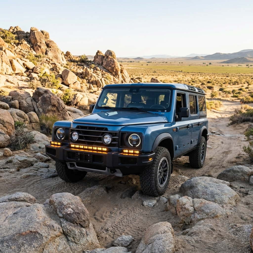 2024+ Ineos Grenadier with M&R off-road LED light bar, parked among desert boulders