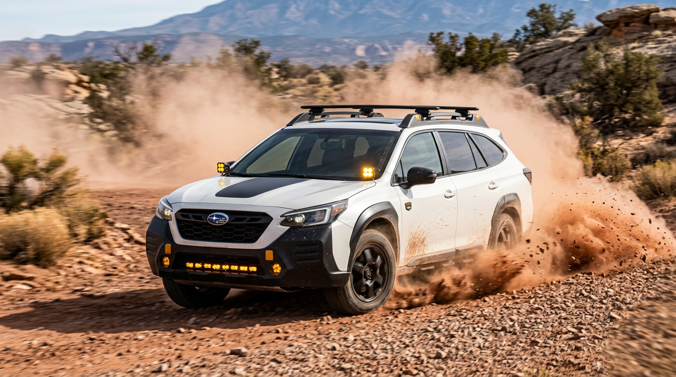 White 2027 Subaru Forester Wilderness Hybrid driving off-road through desert dust with roof rack