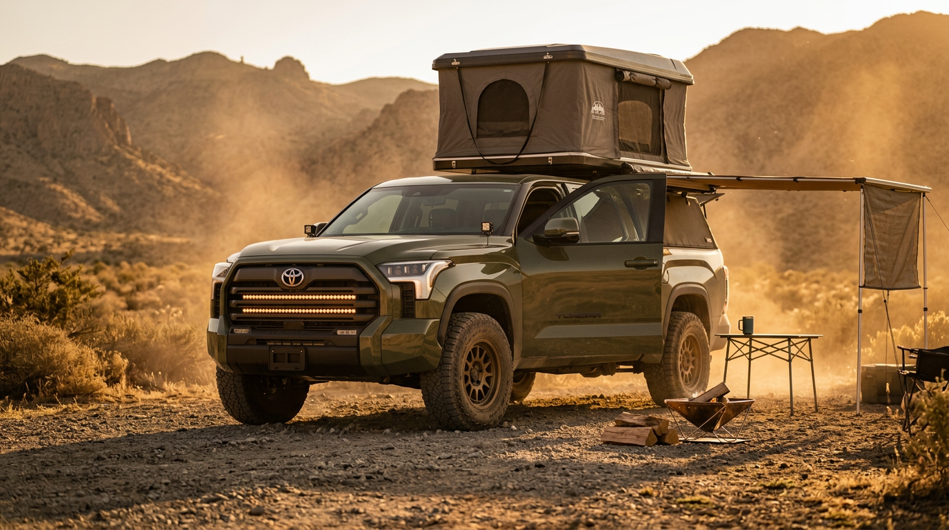 2027 Toyota Tundra Trailhunter with a rooftop tent parked in a dusty desert landscape at golden hour