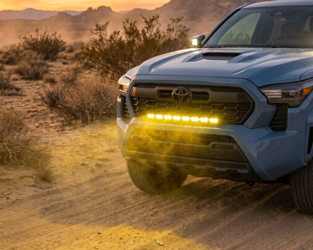 2024+ Toyota Tacoma with a yellow M&R 30in LED light bar lit, driving through the desert at sunset