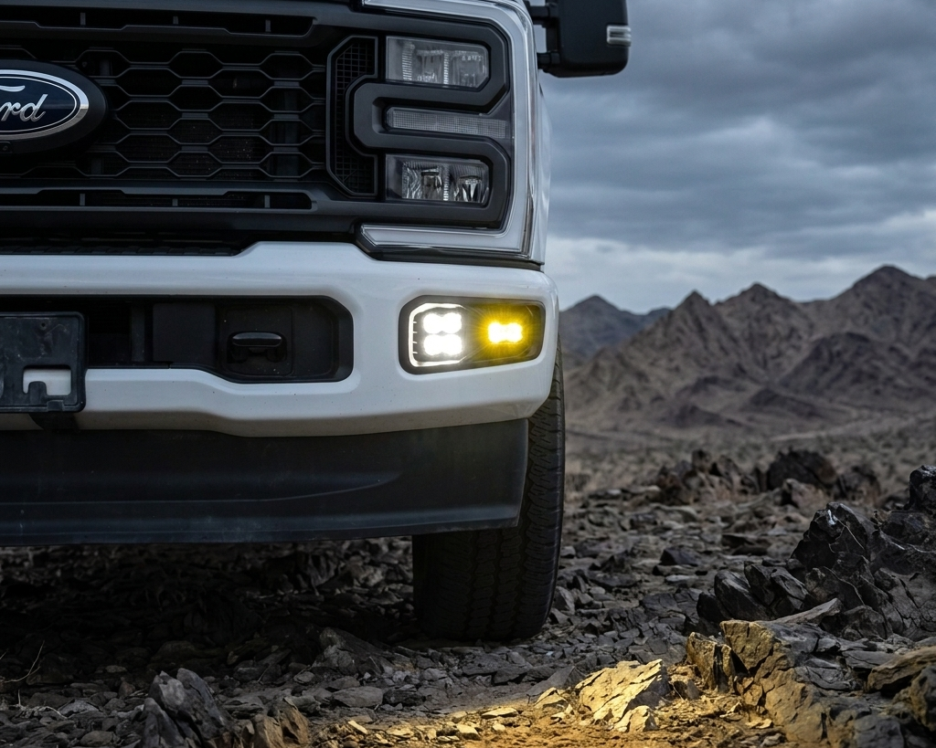 2023-2026 Ford Super Duty F-250/F-350/F-450 off-road LED fog light kit lit white and amber at dusk in the desert