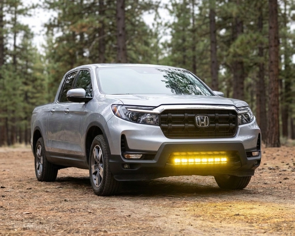 2017-2026 Honda Ridgeline with the M&R 30in PRO light bar lit yellow in the lower bumper on a forest trail