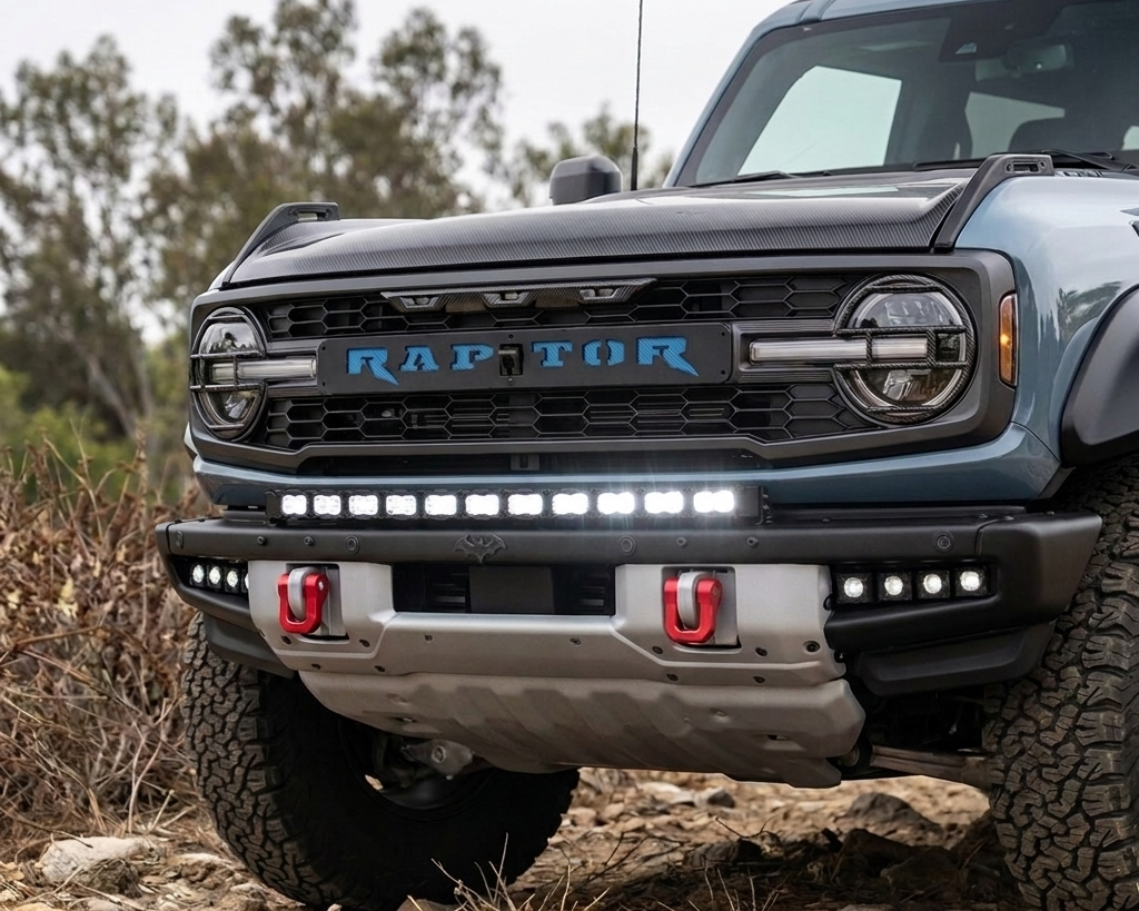 2021-2026 Ford Bronco Modular Bumper 40in Light Bar PRO lit white — curved bolt-on LED light bar on the front bumper
