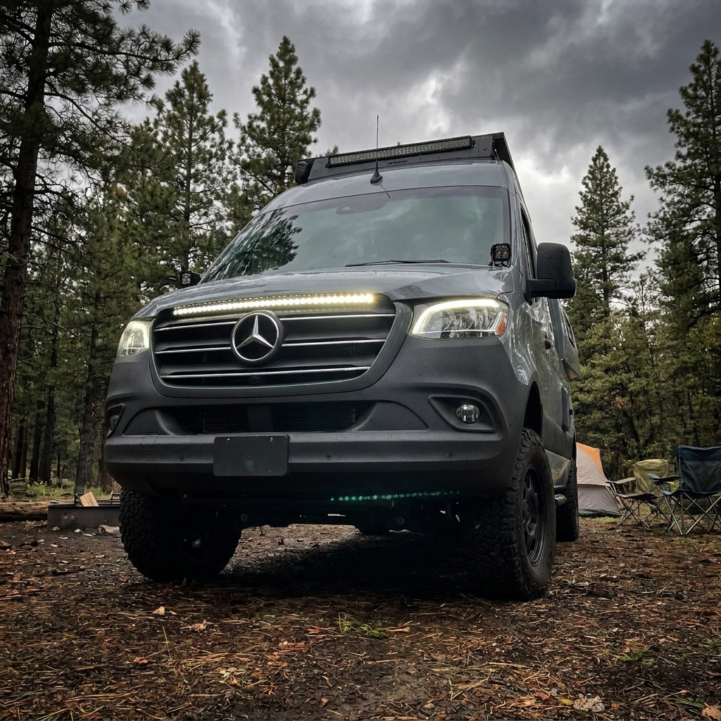 2019-2026 Mercedes Sprinter van in the forest with the M&R 40in SLIM LED light bar lit white along the top of the grille