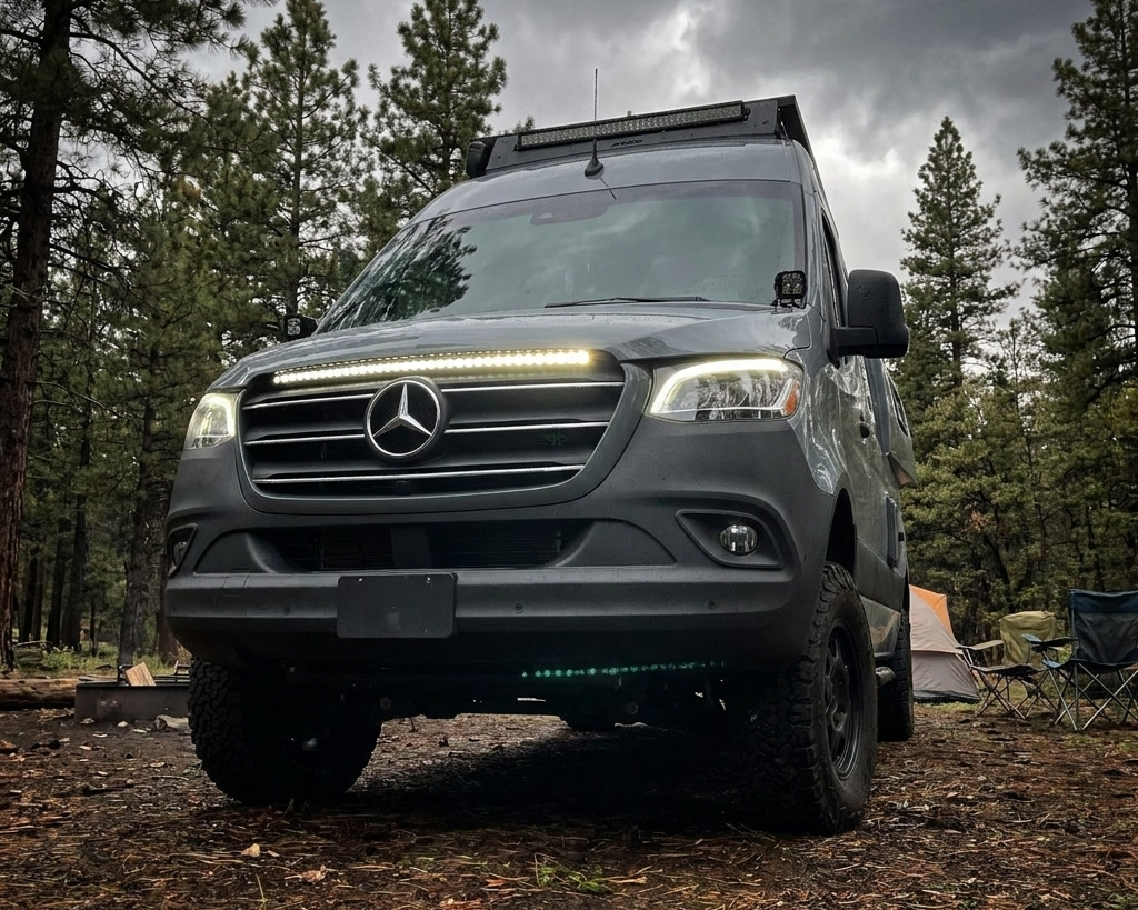 2019-2026 Mercedes Sprinter van in the forest with the M&R 40in SLIM LED light bar lit white along the top of the grille