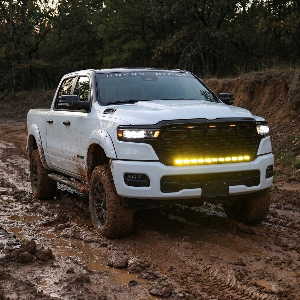 2026+ RAM 1500 HEMI with the M&R 40in PRO LED light bar mounted in the grille