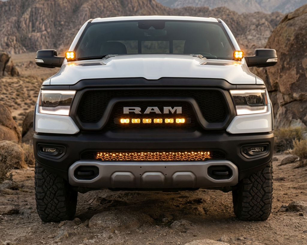 White RAM 1500 TRX pickup truck with amber LED grille lights and light bar, parked on rocky desert terrain with mountains in the background