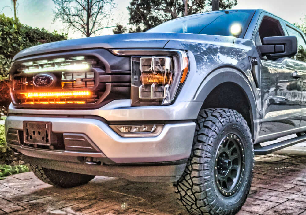 2021 2022 2023 gray ford F150 with behind the grille 30in light bars color white and amber by M&R automotive