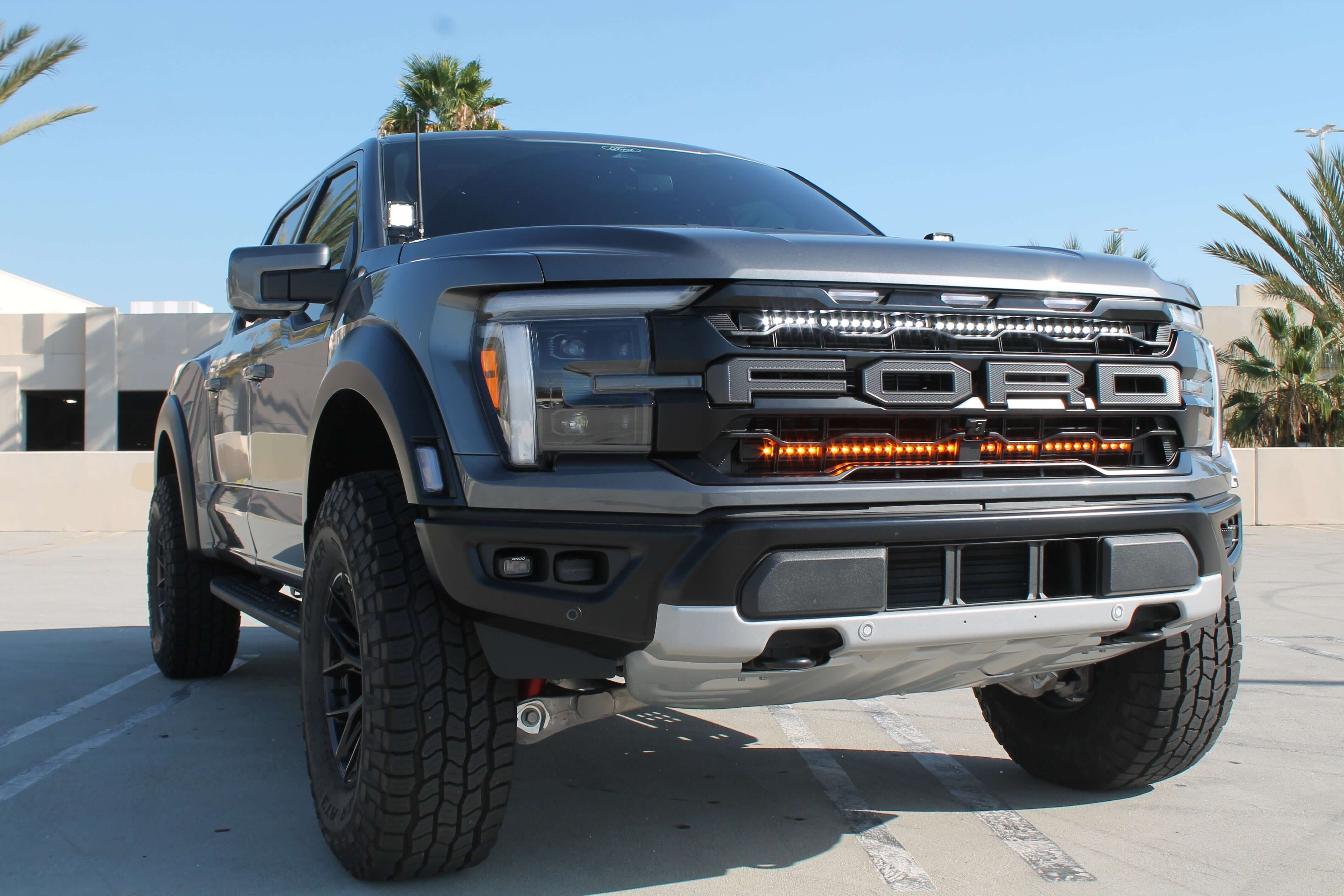 Ford Raptor Gen 3 Refresh Lights installed on F150 Raptor 2024 front grille with amber LED light bar