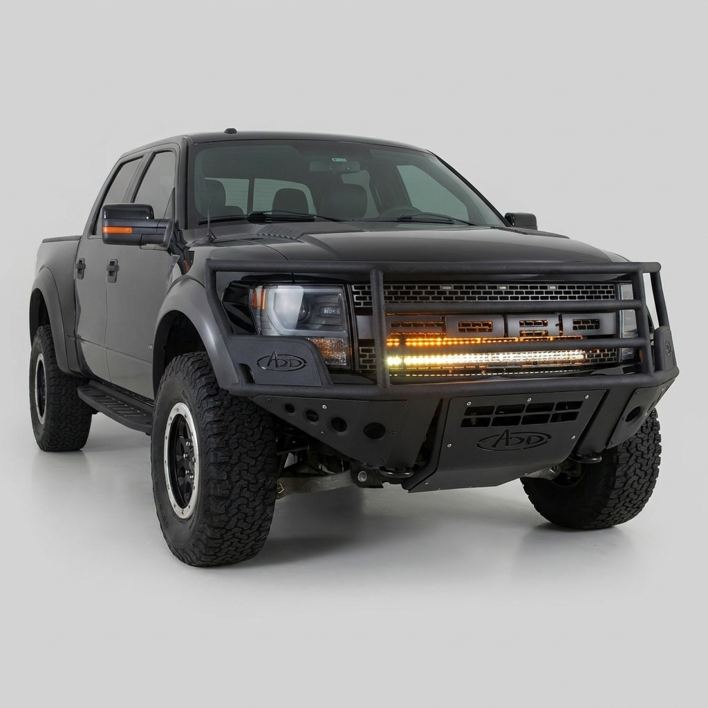 Ford Raptor Gen 1 Lights 2010-2014 black pickup with upgraded off-road lighting parked in snowy forest