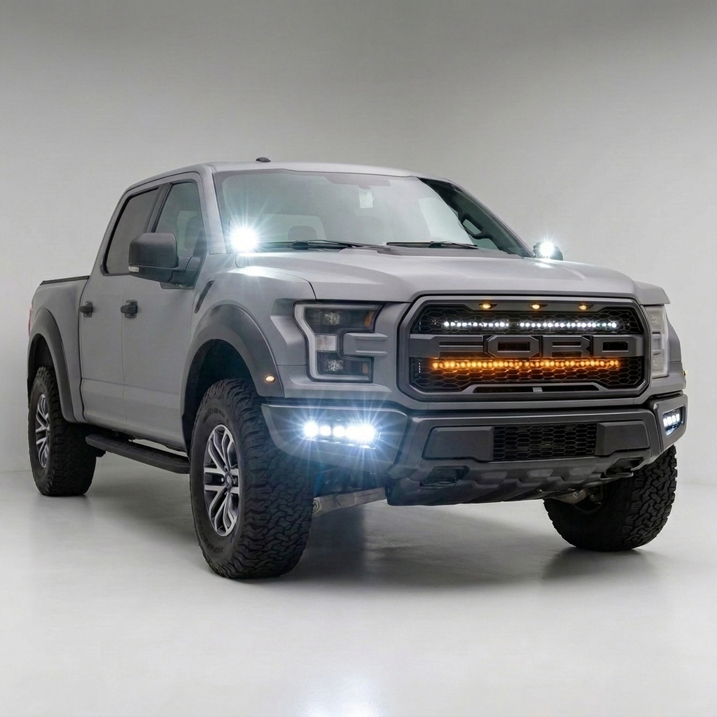 Ford Raptor Gen 2 Lights off-road LED lighting on silver 2017-2020 Raptor driving desert dirt road at sunset
