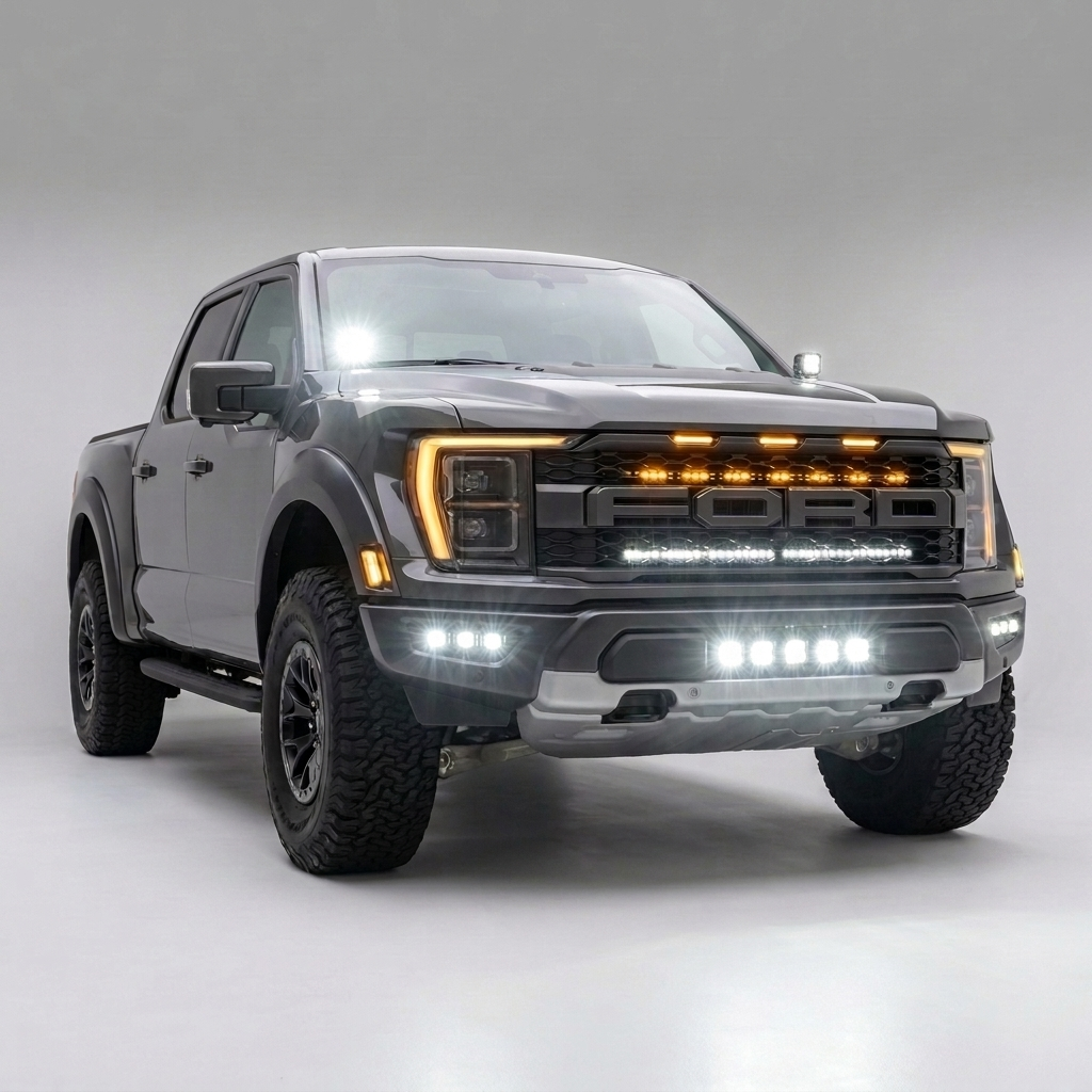 Ford Raptor Gen 3 Lights 2021-2023 off-road truck with upgraded LED light kit on wet road at dusk