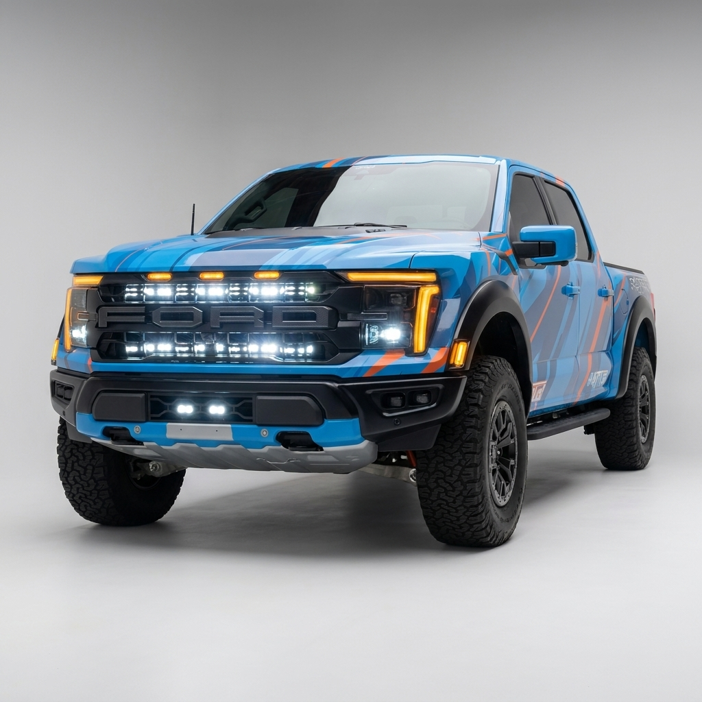 Ford Raptor Gen 3 Refresh Lights installed on F150 Raptor 2024 front grille with amber LED light bar
