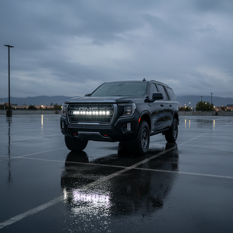black 2023 gmc yukon with lights bar in the grille for off roading