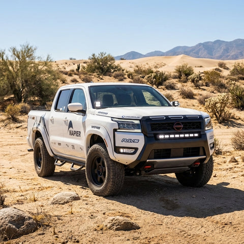 2025+ Nissan Frontier with ditch lights parked in sandy desert landscape, showcasing rugged design and off-road capability.