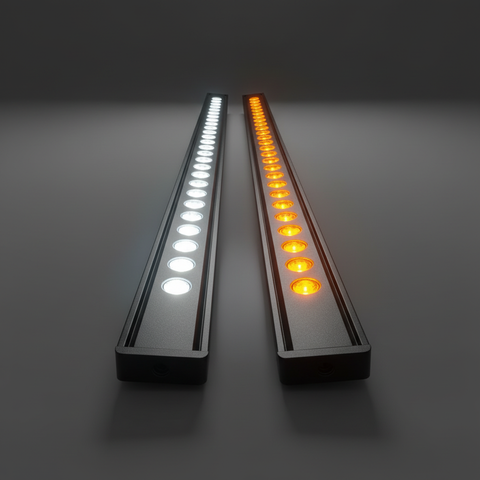 Two LED light bars, one with white lights and the other with amber lights, on a dark background.