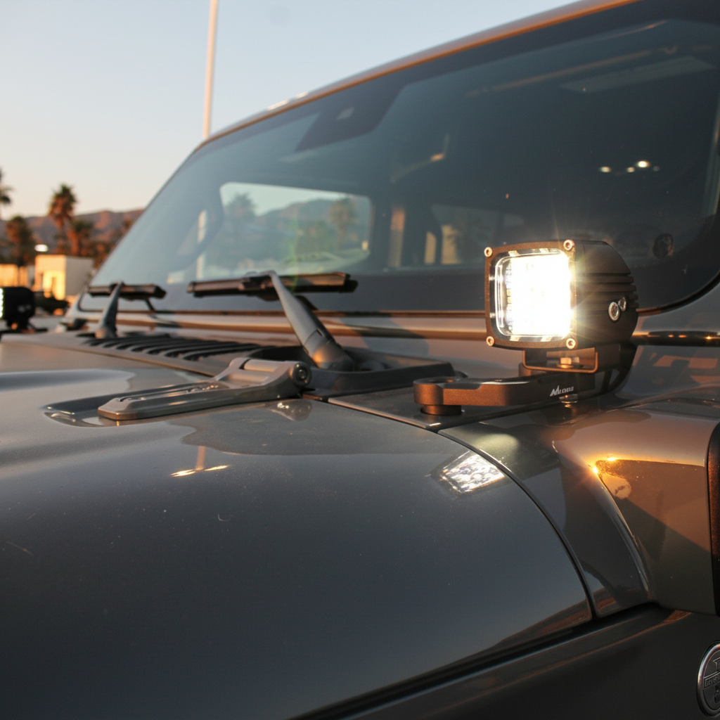 Jeep Wrangler ditch lights on JL model with dual-function LED pods for 2017-2024, mounting on hood near windshield