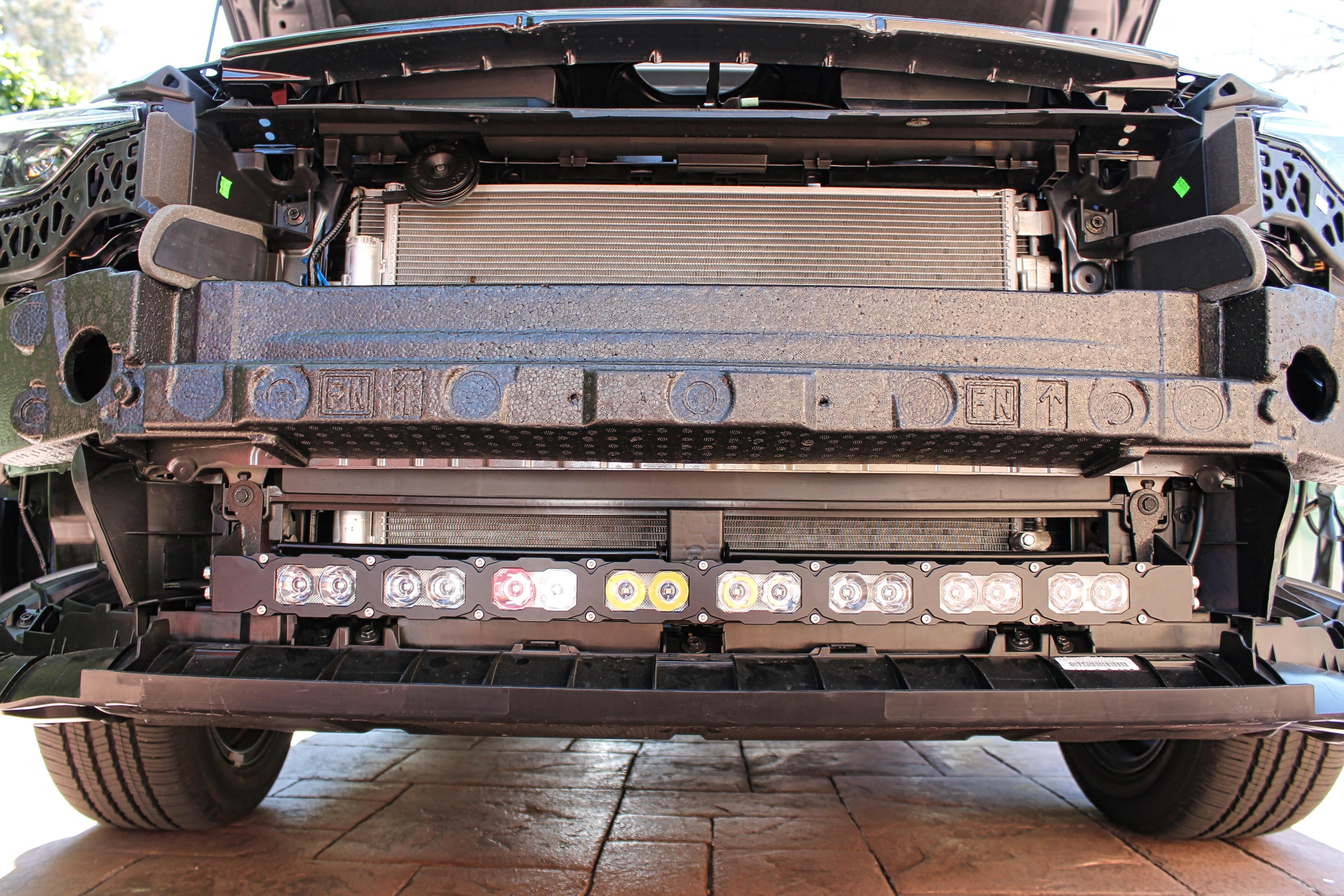 behind the grille of subaru crosstrek led light bar off roading