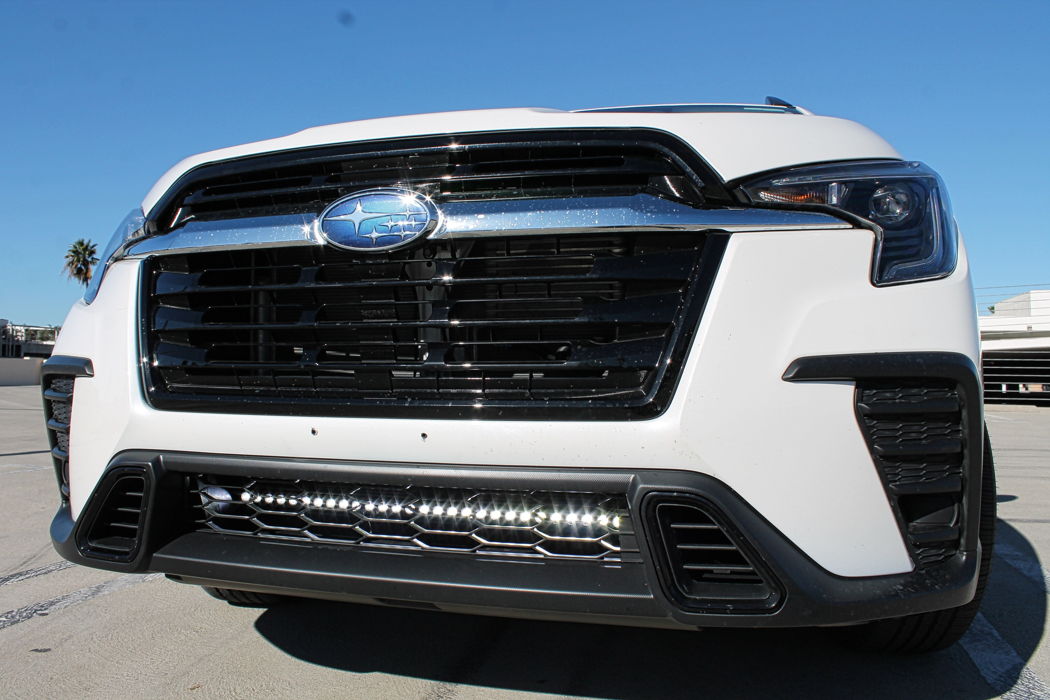 Subaru Ascent LightBar 2019+ Slim on front bumper, Subaru Ascent LightBar fits 2019-2026 models, bolt-on with powder-coated black metal bracket