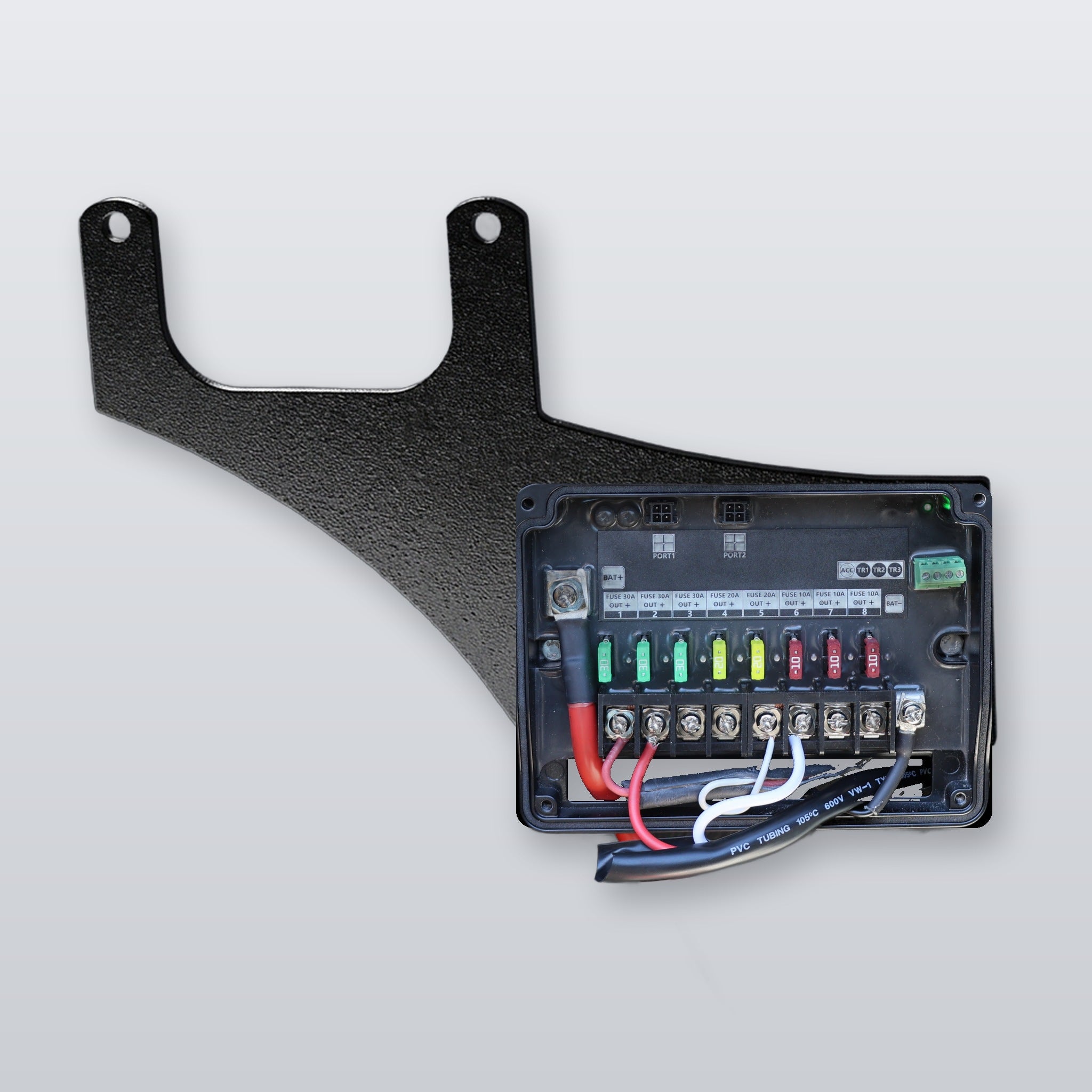 2019+ Mercedes Sprinter Wireless Harness 2.0 mounting plate with the harness fuse box attached, black powder-coated metal plate