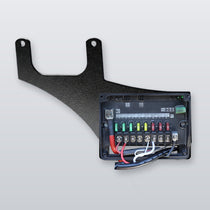 2019+ Mercedes Sprinter Wireless Harness 2.0 mounting plate with the harness fuse box attached, black powder-coated metal plate