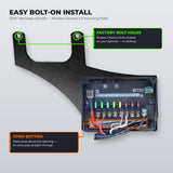 Easy bolt-on install diagram for the 2019+ Mercedes Sprinter Wireless Harness 2.0 mounting plate, showing the 2 factory bolt holes and the open bottom where wires pass through