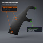 2019+ Mercedes Sprinter Wireless Harness 2.0 mounting plate showing the 2 tabs that reuse the factory bolts and the 2 holes where the harness mounts