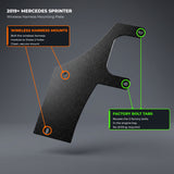 2019+ Mercedes Sprinter Wireless Harness 2.0 mounting plate showing the 2 tabs that reuse the factory bolts and the 2 holes where the harness mounts