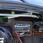 Wireless Harness 2.0 mounting plate installed in a 2019+ Mercedes Sprinter engine bay, bolted to the 2 factory bolts with the harness fuse box mounted on it