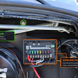 Wireless Harness 2.0 mounting plate installed in a 2019+ Mercedes Sprinter engine bay, bolted to the 2 factory bolts with the harness fuse box mounted on it
