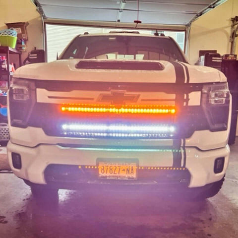 2020 2021 2022 2023 white Chevrolet Silverado 2500/3500HD two 40in light bars behind grille color amber and white - M&R Automotive