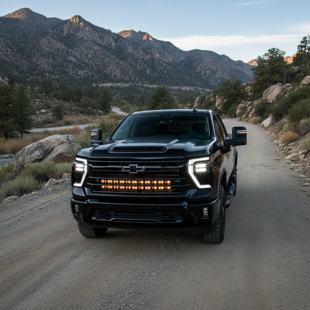 Chevrolet Silverado Light Bars on a 2020+ Silverado 2500/3500HD with dual 40s light bars mounted on a rugged off-road road