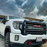 2020 2021 2022 2023 white GMC Sierra 2500 and 3500HD with white 40in Light Bar behind the grille