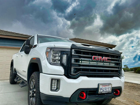 2020 2021 2022 2023 white GMC Sierra 2500 and 3500HD with white 40in Light Bar behind the grille