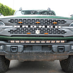front view of green 2023 bronco capable bumper with led light bar installed on top for off roading