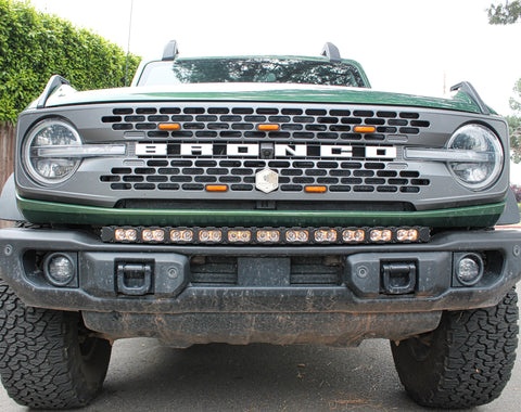 front view of green 2023 bronco capable bumper with led light bar installed on top for off roading